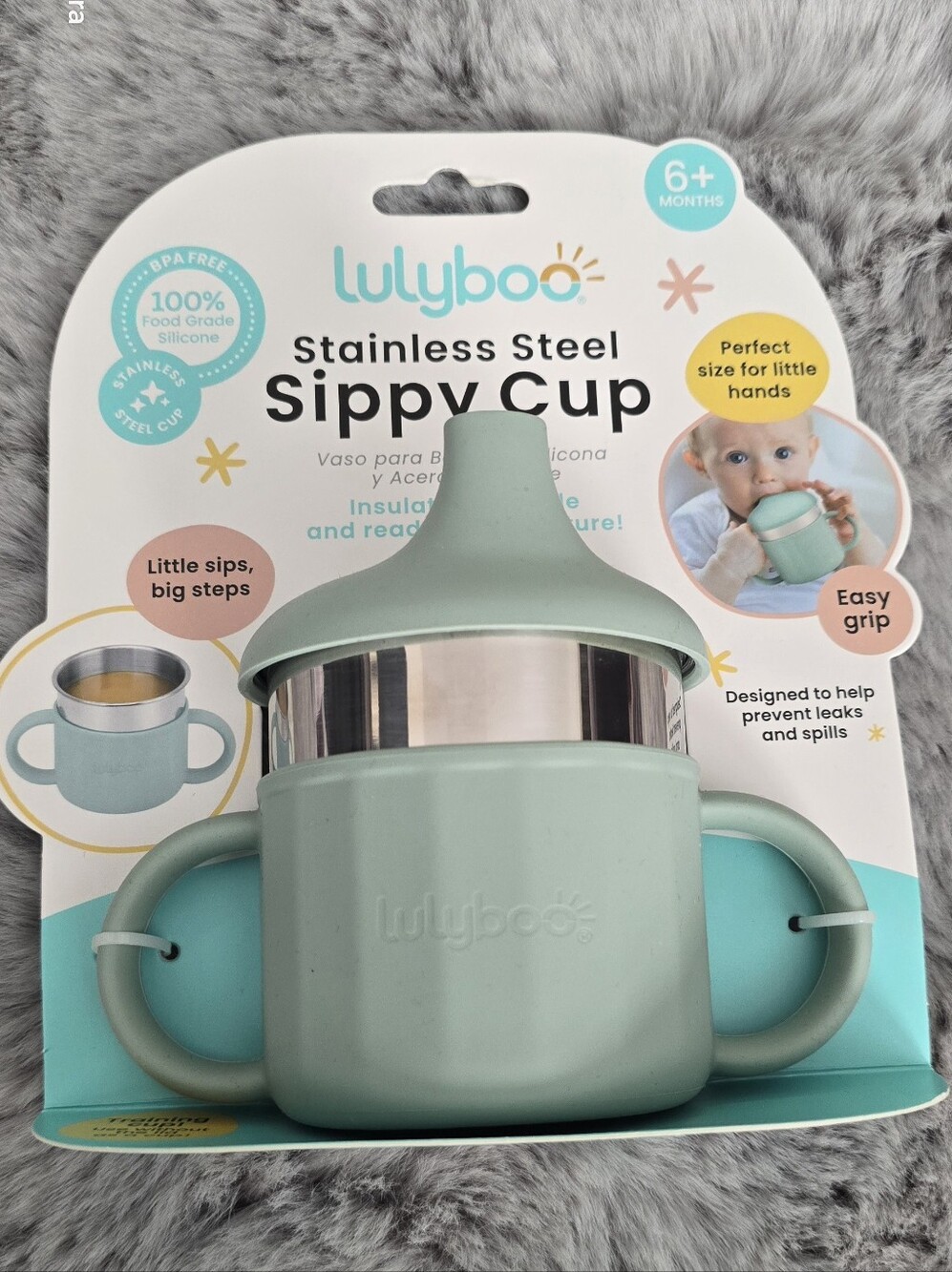 the Lulyboo Stainless Steel Sippy cup in a sage green color.